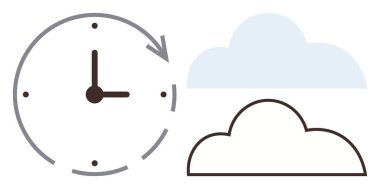 Bir ok ve iki bulut şekilli saat zaman yönetimini, veri depolamayı veya bulut senkronizasyonunu sembolize eder. Zamanlama, yedekleme yönetimi, bulut hizmetleri, otomasyon, üretkenlik için ideal