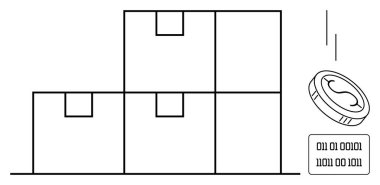 Yığılmış kutular, dijital para ve ikili kod blok zinciri, kripto para birimi ve lojistiği temsil ediyor. Teknoloji, finans, e-ticaret, lojistik yenilik dijital dönüşüm için idealdir.