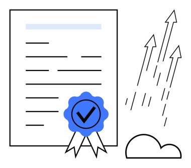 Üzerinde işaret kurdelesi olan sertifika, ilerlemeyi simgeleyen yükselen oklar ve bir bulut. Sertifika, başarı, onay, onay, başarı kariyeri için ideal. Basit düz metafor