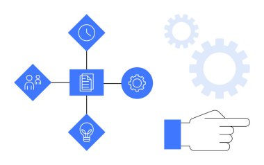 Çalışma adımları ve yenilikleri temsil eden dişli, saat, takım ve ampulle bağlantılı merkezi belge. Üretkenlik, planlama, takım çalışması, zaman yönetimi, strateji organizasyonu için ideal