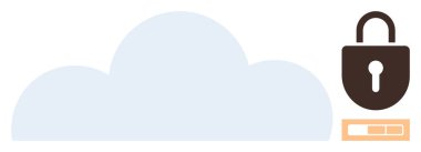 Kilit ve şifre alanına sahip bulut şekli güvenli veri depolama, şifreleme, çevrimiçi gizlilik, kullanıcı doğrulaması, teknoloji koruması, siber güvenlik ve erişim kontrolünü temsil eder. Basit düz