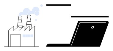 Geleneksel sanayi ve modern teknolojinin yakınlaşmasını sembolize eden bir dizüstü bilgisayarın yanında duman yayan fabrika. Yenilik, endüstri, teknoloji, çevresel sürdürülebilirlik ve dijital için ideal