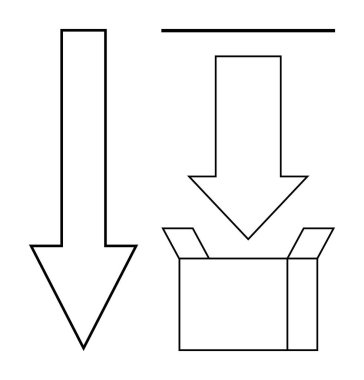 Aşağıya bakan oklar açık bir kutuya doğru hareket, yerleştirme ya da indirmeyi vurguluyor. Lojistik, nakliye, teknoloji, depolama, veri transferi, rehberlik ve organizasyon kavramları için ideal