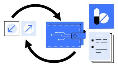 Dijital cüzdan ile birlikte yönelimli oklar, tıbbi kapsüller ve işlem akışını, kayıt yönetimini, ilaç takibini ve sağlık hizmetleri finans yönetimini sembolize eden belgeler. İdeal