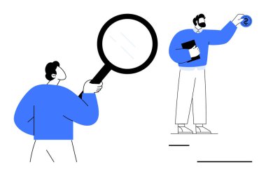 Kavramları inceleyen iki birey, biri büyüteç kullanıyor, diğeri de para birimi simgesi tutuyor. Analiz, araştırma, teftiş, finans, sorun çözme, takım çalışması ve bilgi paylaşımı için ideal