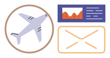 Dairesel çerçeve içindeki uçak, eğilimleri analiz eden çubuk grafik ve mesajlaşma ve bağlantıyı sembolize eden zarf simgesi. Seyahat, lojistik, iletişim, e-posta, analitik ve koordinasyon için ideal