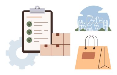 Panodaki kontrol listesi, teslimat kutuları, vites simgesi, alışveriş çantası ve dış mekan. Perakende planlama, lojistik, envanter, nakliye alışveriş deneyimi için ideal modern ticaret dairesi metaforu
