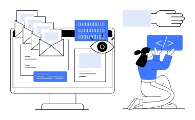 E- posta yönetimi, ikili veri içeren bilgisayar ekranı, kodlama üzerinde çalışan güvenlik görevlisi. Teknoloji, yazılım, e-posta, güvenlik, iş akışı, basit iniş sayfası programlama için ideal
