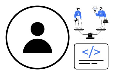 Çemberdeki kişi ikonu, yaratıcılığı ve çalışmayı temsil eden ölçekte iki birey, kodlama işaretleri. Takım çalışması, tasarım süreci, kodlama, denge, yenilik, üretkenlik için ideal düz