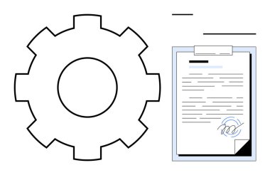 İş akışını, otomasyonu, teknoloji entegrasyonunu ve verimliliği simgeleyen imzalı belgenin yanında. Endüstri, uyum, yönetim, yenilik politikası için ideal. Basit düz metafor
