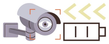 İnsan gözü mercekli güvenlik kamerası, kırmızı odak çizgileri ve izlemeyi, tetikte olmayı, güvenliği, teknolojiyi, otomasyonu, enerji bağlantısını sembolize eden bir pil göstergesi. Güvenlik için ideal