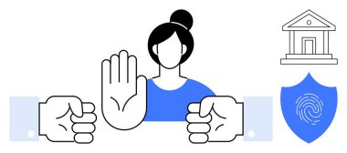 Kadın figürü, itirazı ya da güvenliği, adalet terazisini parmak izli kalkanı ve sıkılmış yumrukları göstermek için elini kaldırıyor. Gizlilik için ideal, güvenlik, adalet, otorite, dikkat eşitliği basit düz