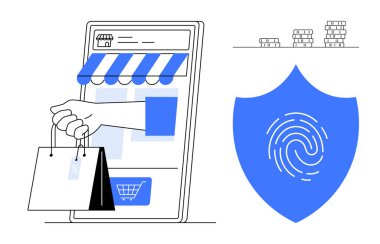 Alışveriş uygulaması ve el çantası olan mobil bir cihaz. Üzerinde parmak izi ve bozuk para olan mavi bir kalkan. E-ticaret, siber güvenlik, cep telefonu ödemesi, dijital kimlik, finans, veri güvenliği için ideal