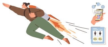 İlerleme ve hırsı simgeleyen jetpack ile uçan kişi, bilgi gösteren akıllı telefon ve veri içgörülerini gösteren tablet. Büyüme, yenilik, kariyer, teknoloji ve analitik için ideal