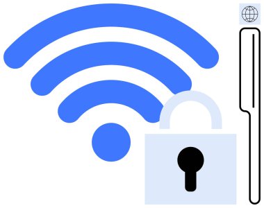 Güvenli ağ erişimi ve mahremiyeti gösteren asma kilitli bir kablosuz sinyal. Siber güvenlik, gizlilik koruması, iletişim, teknoloji, veri güvenliği, çevrimiçi güvenlik, şifrelenmiş