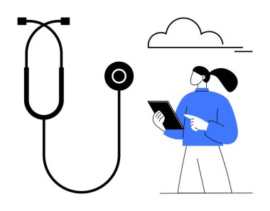 Sağlık görevlisi steteskop ve bulutun yanında bir tablet tutuyor. Tıp, teletıp, yenilik, teknoloji, sağlık izleme, dijital kayıtlar, basit iniş sayfası için ideal