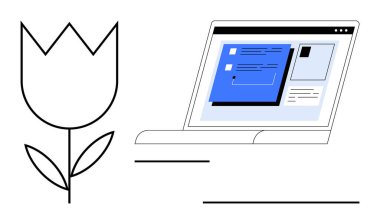 İçeriği gösteren bir dizüstü bilgisayarın yanında minimalist bir çiçek. Teknoloji, yaratıcılık, sürdürülebilirlik, çevre dostu kavramlar, dijital yenilik, modern tasarım ve hibrid çalışma alanları için idealdir. Basit.