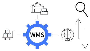 Depo, el arabası, büyüteç, oklar, küre, WMS yazısıyla birbirine bağlı teçhizat. Lojistik, tedarik zinciri, envanter depolama işlemleri için ideal küresel ticaret