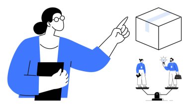 Elinde belge tutan ve kutuyu işaret eden bir kadın iki figürü farklı fikirlerle dengeliyor. Analiz, strateji, seçim, takım çalışması, yenilik, iş ve eğitim için ideal. Basit düz metafor