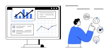 Büyüme grafikleri, istatistikler ve veri görsellerini gösteren analitik bir gösterge paneliyle etkileşime giren kişi. Teknoloji, analitik, iş, karar verme, yenilik, strateji eğilimleri için ideal