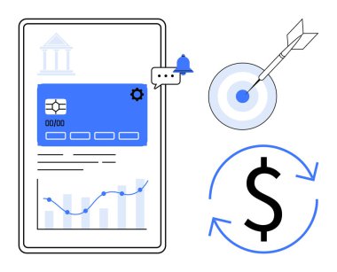 Kredi kartlı dijital tablet, analitik çizelge, tebligat, hedef ve dolar döngüsü ikonu. Bankacılık, finans, tasarruf yatırımı, mobil uygulamalar ve dijital ödemeler için ideal. Temiz