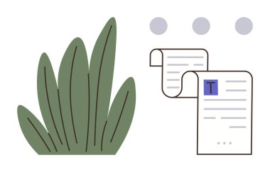 Yeşil santral ve üzerinde yazı olan iki rulo doküman ve üzerinde noktalar olan mavi bölüm. Çevre teknolojisi, sürdürülebilirlik, dijital organizasyon, doğa uyumu, araştırma, eğitim, temiz tasarım, basit
