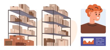 Karton kutularla dolu istiflenmiş raf birimleri, bir yönetici profili ve bir veri paneli. Lojistik, envanter kontrolü, tedarik zinciri, depolama, yönetim, ambalaj için ideal basit düz metafor