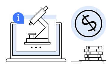 Bilgisayarda bilimsel araştırma yatırımlarını ve kaynaklarını sembolize eden dolar işareti ve madeni para destesiyle mikroskop sergileniyor. Bilim, teknoloji, finansman, eğitim, yenilik ve ekonomi için ideal