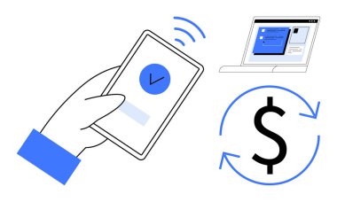 Akıllı telefon, para transferini temsil eden dolar işareti ve dizüstü bilgisayar arayüzü kullanılarak yapılan temassız ödemeler. Finans, teknoloji, e-ticaret, bankacılık, ödeme sistemleri, mobil uygulamalar için ideal