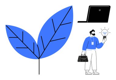 Elinde evrak çantası olan adam fikirleri ve sürdürülebilirliği temsil eden bir ampul tutuyor. Büyük mavi yaprak ve dizüstü bilgisayar yenilikleri, büyümeyi, çevre dostu olmayı ve teknolojiyi araştırıyor. İş için ideal, yaratıcılık, yeşil