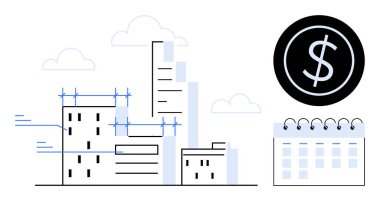 İnşaat halindeki binalar, iskelesi olan bir dolar işareti, ve bir takvim. Proje yönetimi, bütçe, finans, mimari, gayrimenkul, kentsel planlama için ideal basit