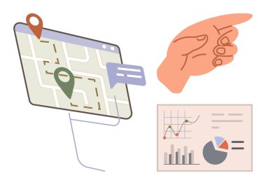 Konum iğneli dijital harita, grafikli analitik panel ve yön gösteren el işaretleri. Analiz, navigasyon, rehberlik, strateji, karar, basit bir daire planlama için ideal