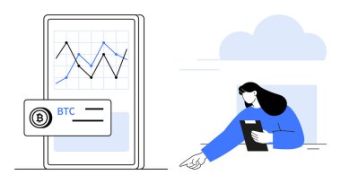 Mobil ekranda Bitcoin eğilim grafiği gösteriliyor, kadın tablet verilerini analiz ederken içgörüye doğru hareket ediyor. Kripto para birimi, fintech, ticaret, analitik, tahmin, eğitim, iniş sayfası için ideal