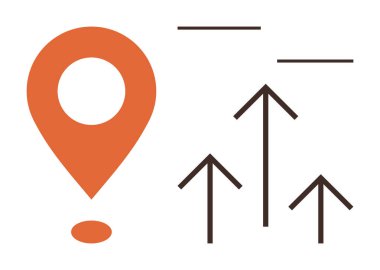 Turuncu konum işaretleyicisi, ilerlemeyi, seyrüsefer, büyüme ve yönü sembolize eden üç siyah yukarı doğru okla eşleştirildi. Konseptler için ideal Kariyer ilerlemesi, seyahat, kalkınma, haritalama