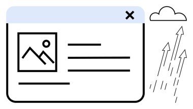Görüntü, metin ögeleri ve buluta saplanan büyüyen okları içeren web sayfası düzeni. Teknoloji, analitik, bulut hesaplama, web tasarımı, gelişim yenilik basitliği için idealdir. Basit bir daire.