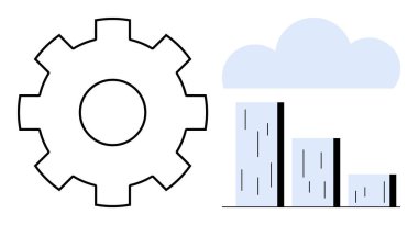 Bulutların altındaki bir çubuk grafiğin yanında, teknolojiyi, analitiği, büyümeyi, bütünleşmeyi temsil eden bir alet. Ölçüler, bulut hesaplama, ilerleme, optimizasyon mühendisliği stratejisi için ideal basit düz metafor