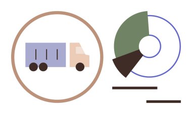 Çemberin içindeki teslimat kamyonu, içinde çizgiler bulunan segmentli pasta grafiği lojistik, iş istatistikleri, ulaşım trendleri olduğunu gösteriyor. Nakliye, veri görselleştirme, analitik, ticaret, tedarik zinciri için ideal