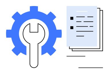 Dişliler ve anahtarlar teknik araçları sembolize ederken, istiflenmiş belgeler de iş akışını veya belgelerini gösteriyor. Bakım, iş akışı, planlama, organizasyon, süreç optimizasyonu, sistem yönetimi için ideal