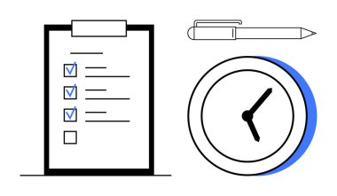 Kontrol listesi olan pano, zaman takibi için saat ve organizasyon ve görev yönetimini sembolize eden kalem. Üretkenlik, zaman yönetimi, iş, planlama, organizasyon, iş akışı için ideal basit