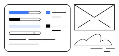 İlerleme çubukları, e- posta simgesi, görev listesi ve bulut, organizasyon ve teknolojiyi vurguluyor. Üretkenlik, iletişim, uygulamalar, uzak çalışma veri ağı minimalist tasarımı için idealdir. A
