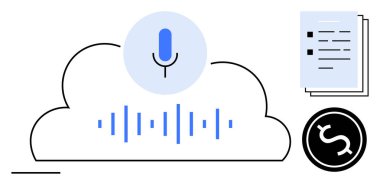 Ses teknisyeni, veri depolama, transkripsiyon, finans, yapay zeka, veri analizi ve teknolojik yeniliği temsil eden ses dalgası, dokümanlar ve dolar işaretleriyle bulutun üstünde mikrofon. Basit düz metafor