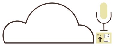 Bir mikrofona bağlı bulut çizgisi ve çizelge ve rakamlarla dolu bir veri tablosu. Teknoloji, veri depolama, iletişim, bulut hizmetleri, analitik, ses araçları, yenilik için ideal. Basit düz