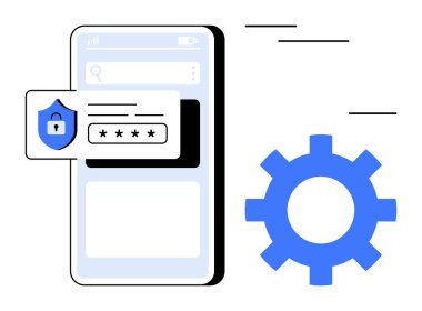 Şifre girişi olan akıllı telefon ekranı ve mavi dişli bir ikonun yanında güvenlik kalkanı dijital güvenliği simgeliyor. Teknoloji, siber güvenlik, uygulama geliştirme, gizlilik, kullanıcı arayüzü için ideal
