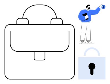 Büyük, özet bir evrak çantası ofis işi ve profesyonelliği simgeliyor. Kilit güvenlik ve güvenliği temsil eder. Profesyonel figür güveni vurgular. İş için ideal, güvenlik, güvenlik, güven, çalışma