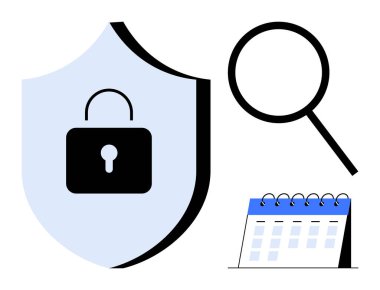 Kilitli kalkan güvenliği simgeler, büyüteç aramayı simgeler ve takvim de zamanlamayı simgeler. Siber güvenlik, gizlilik, planlama, araştırma, analitik ve organizasyon için ideal