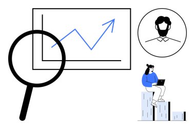 Büyüme grafiğinin üzerindeki büyüteç, dizüstü bilgisayarda çalışan uzaktan çalışan bir çalışan ve profesyonel bir avatar. Analiz, istatistik, iş büyümesi, takım çalışması, yenilik, strateji basit düz metafor