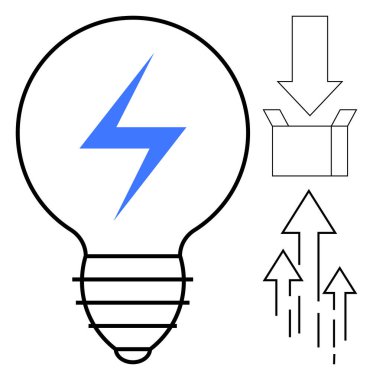 İçinde mavi cıvata olan bir ampul, aşağı doğru ok bir kutuya giriyor, yukarı doğru oklar yükseliyor. Enerji, yenilik, ilerleme, yaratıcılık, teknoloji dönüşümü verimliliği için idealdir. Basit düz