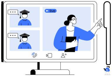 Öğretmen video konferans aracılığıyla mezuniyet şapkası giyen iki öğrenciyle canlı bağlantı kuruyor. Çevrimiçi öğrenme, sanal sınıf, telekonferans, eğitim, e-öğrenme, takım çalışması, basit