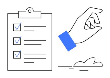 İşaretli listeli pano ve el hareketi. Üretkenlik, planlama, organizasyon, görev yönetimi, hedefler, tamamlama, beyin fırtınası için ideal. Minimalist ve basit düz metafor