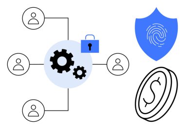 Vites sistemi kullanıcı düğümlerini bağlar, dijital kalkan ve parmak izi güvenliği sağlar, kilit şifrelemeyi gösterir, para da finansı sembolize eder. Siber güvenlik, teknoloji, finans, veri için ideal